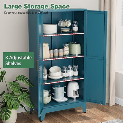 Bevivog Bathroom Storage Cabinet Freestanding, 61" Tall Metal Cabinets with Doors and Shelves, Blue Metal Pantry Cabinet for Kitchen, Living Room, Home Office