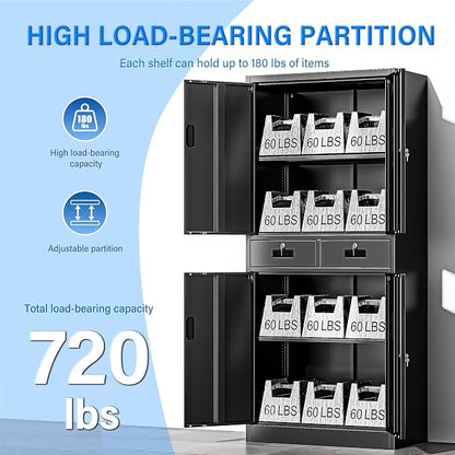 BESFUR Metal Storage Cabinet with 2 Drawers and Adjustable Shelves, 71" H Locking Storage Cabinet for Office, Garage, Home, School, Utility -Black