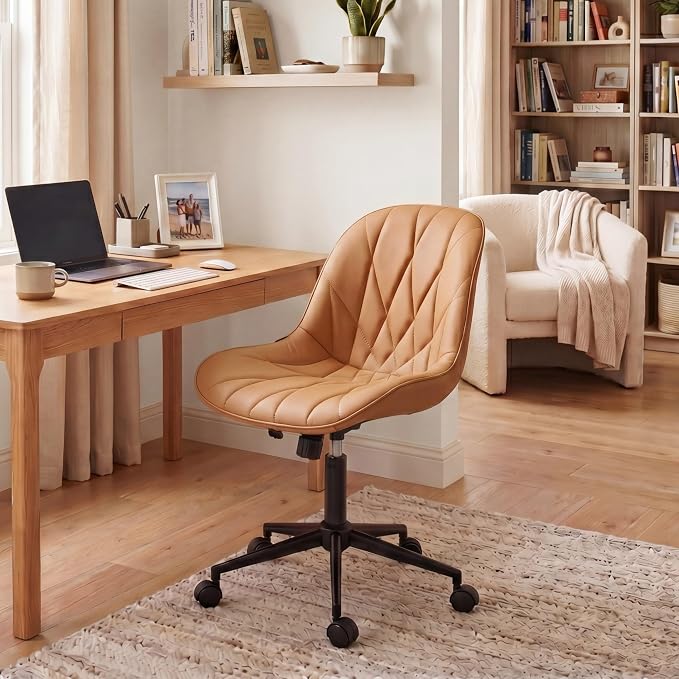 Rowill Modern Office Chair - Ergonomic Swivel Leather Desk Chair with Curved Backrest, Height Adjustable Rolling with Wheels, Perfect for Study Room & Office, Brown Yellow