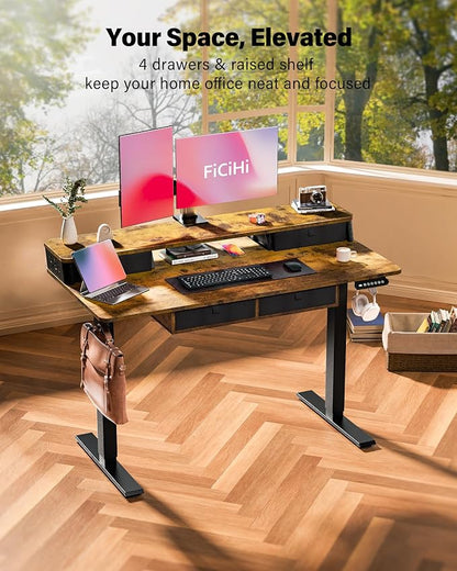 FiCiHi Electric Standing Desk with Four Drawers, 48 x 24 Inch Adjustable Height Sit Stand Desk, C-Clamp Compatible Home Office Desk with Storage Shelf & Monitor Stand Riser, Rustic Brown