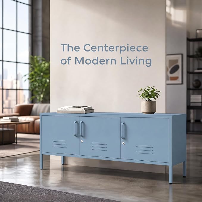 Blue Industrial Metal TV Stand with Lockable Storage Cabinet, Wide 3-Door Media Console, Adjustable Shelves, Multipurpose Accent Cabinet for Living Room Bedroom Home Office