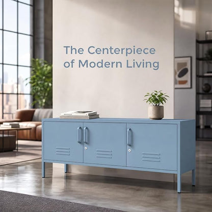 Blue Industrial Metal TV Stand with Lockable Storage Cabinet, Wide 3-Door Media Console, Adjustable Shelves, Multipurpose Accent Cabinet for Living Room Bedroom Home Office