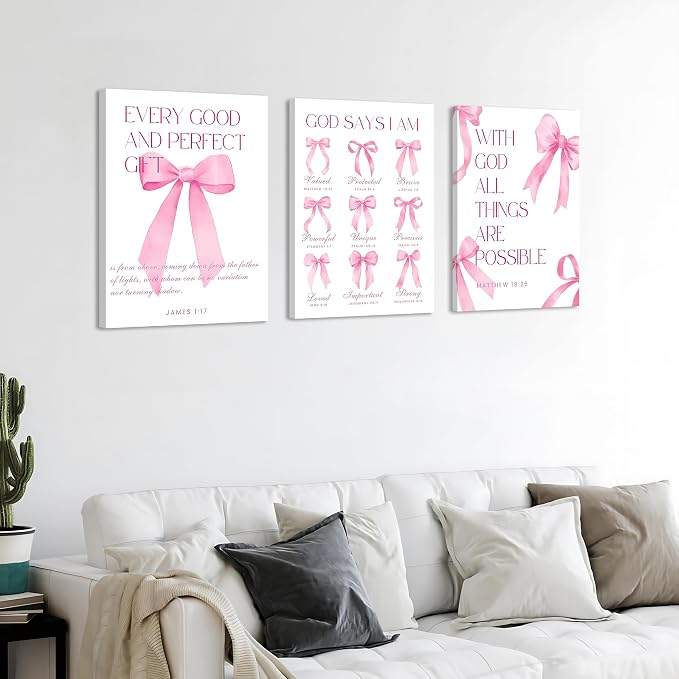Coquette Pink Bow Wall Art Decor Canvas Posters Framed, Inspirational Bible Verses Bow Wall Decor,Room Bedroom Bathroom Decor Aesthetic for Teen Girls Gifts, 12x16 Inch Set of 3 Bow Pictures