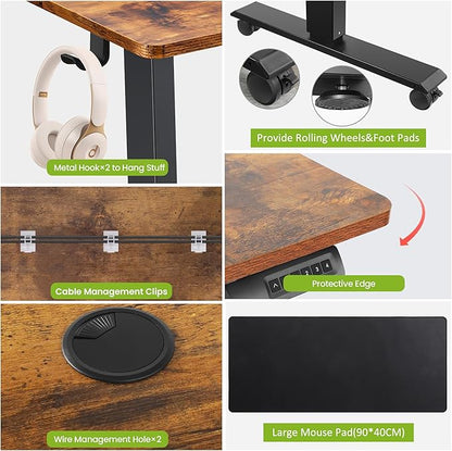 farexon Electric Standing Desk 71 x 28in with Outlets,Rolling Stand up Desk with Oversized Mouse Pad, Wheels,3 USB Ports & 3 Power Outlets,4 Preset Heights Easy to Set for Home Office(Brown)