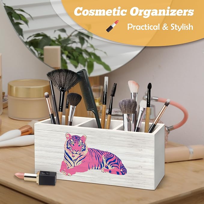Trendy Retro Pink Tiger Pen Holder Organizer for Desk Accessories, Funky Preppy 70s Wooden Box Sign Desk Decorations for Girly Room Bedroom Dorm School Decor, Tiger Gifts for Women
