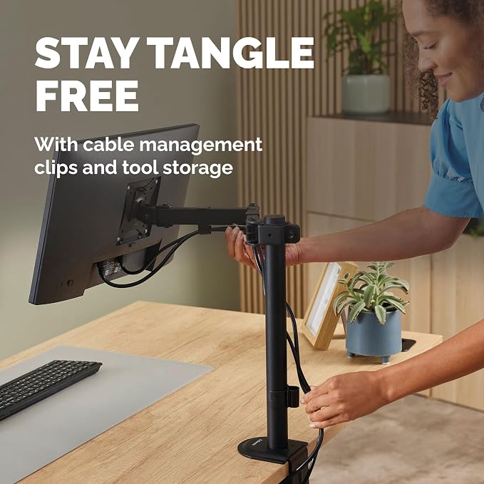 Fellowes Everyday Adjustable Single Monitor Arm – Supports Screens up to 32" Weighing 19.84 lbs, Tilt, Swivel, Rotate, VESA 75/100, Clamp or Grommet Mount, Cable Management