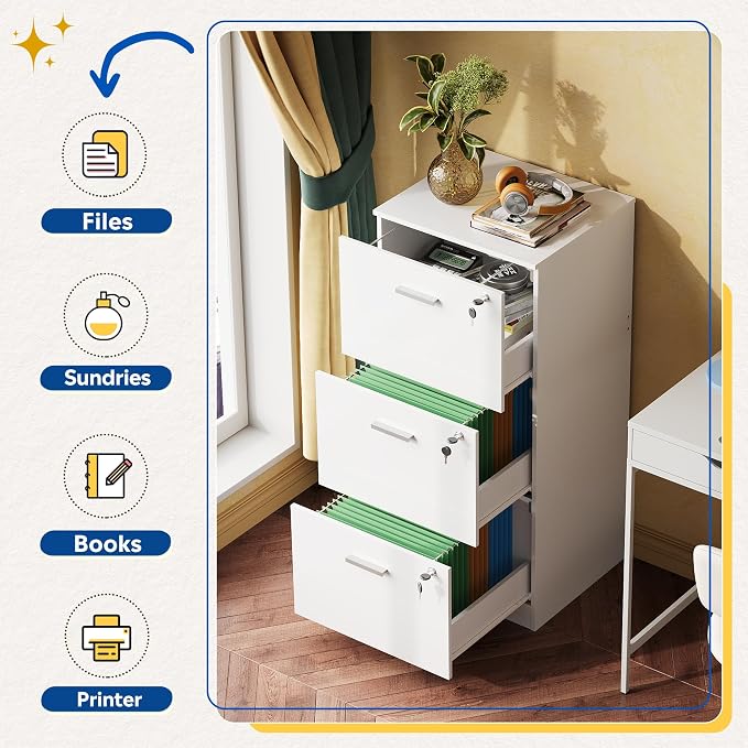 DEVAISE Wood File Cabinet with Lock, Vertical 3 Drawer Filing Cabinet for Home Office, Office Printer Stand for Letter and A4 Size (White)