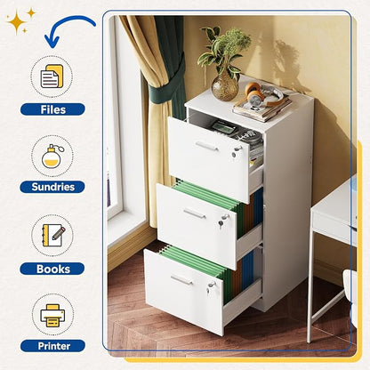 DEVAISE Wood File Cabinet with Lock, Vertical 3 Drawer Filing Cabinet for Home Office, Office Printer Stand for Letter and A4 Size (White)