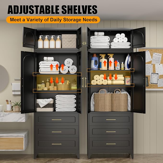 Metal Storage Cabinet with Doors and Shelves, 90" Tall Kitchen Pantry Storage Cabinets with 3 Drawer, Black Pantry Closet, Steel Large Cupboard, High Leveling Feet- Assembly Required