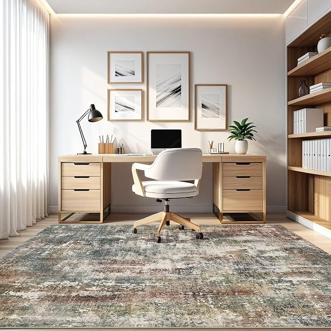 7x9 Area Rug Washable Rugs: Living Room Large Abstract Modern Soft Stain Resistant Indoor Floor Non-Slip Accent Carpet for Bedroom Nursery Playroom Office Dining Room Dorm Home House- Green Red