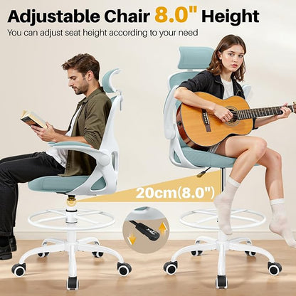 Drafting Chair, Tall Office Chair for Standing Desk, Ergonomic High Back with Headrest, Lumbar Support, Foot Ring and Flip-up Armrests, Light Blue