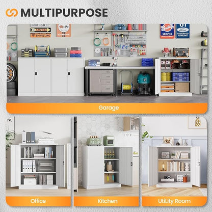 Metal Garage Storage Cabinets with Lock, 36" Tall Tool Cabinet with 2 Door and 2 Adjustable Shelves, Locking Garage Cabinets and Lockable Steel Locker for Home Office Warehouse - (White-36”H)