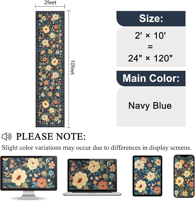 DUKINO Runner Rug, 2x10 Kitchen Hallway Carpet, Washable with Non-Slip Backing, Low Pile Soft Boho Floral for Entryway, Laundry, Bedroom, Dark Blue