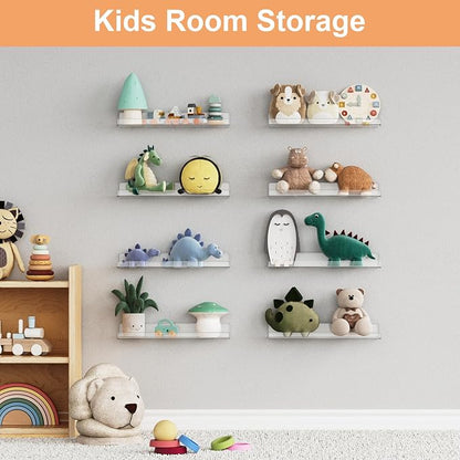 upsimples 12 Pack Acrylic Shelves Wall Organizer and Storage, 15" Display Shelf for Figure, Toy Cars, Perfume, Kids Bookshelf for Bedroom, Nursery, Craft Room, Clear