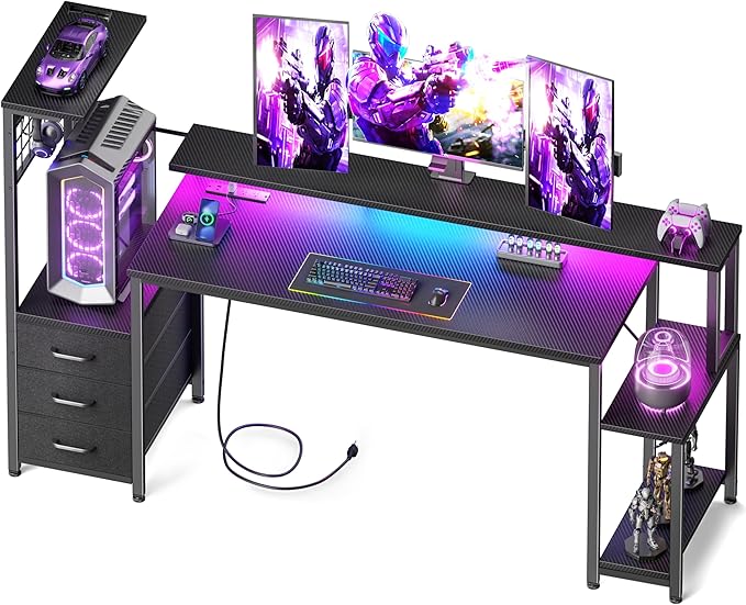 Korfile 63 Inch Gaming Desk with Bluetooth LED Lights & Power Outlets,Computer Desk with Fabric Drawers & Hooks,Reversible Gamer Table with Monitor Stand for Game Room,Home Office,Carbon Fiber Black