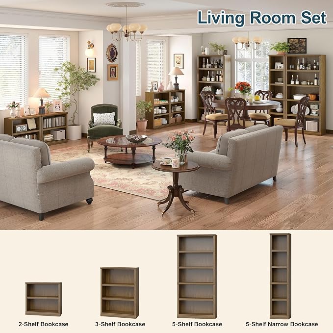 blini Wooden Bookshelf and Bookcase 2 Shelf Double Wide Large Bookshelves Vintage Oak Bookshelf Low Horizontal Book Case for Living Room, Home Office, Library (Vintage Oak, 2-Shelf)