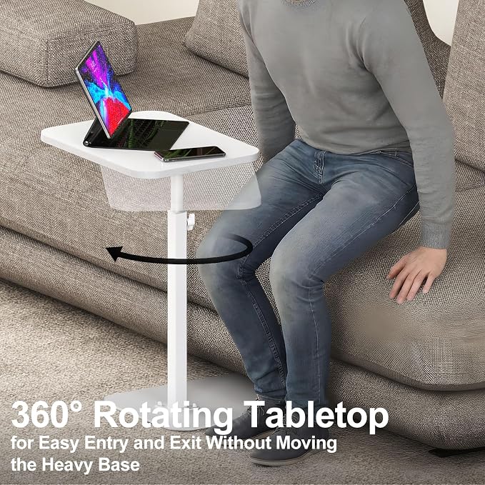 HzTinT Side Table Sofa Tray for Couch Heavy Metal Base Swivel/Adjustable Height, Sofa Bed Bathroom Study TV Tray C Shaped End Table Food Snack Trays for Eating