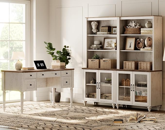 WAMPAT Home Office Furniture Set, 56" Executive Desk with Charging Station, 72" Tall Bookcase with 4 Glass Doors, Wood Computer Desk with File Cabinet Storage, Open Shelf, Rustic White