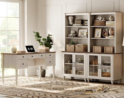 WAMPAT Home Office Furniture Set, 56" Executive Desk with Charging Station, 72" Tall Bookcase with 4 Glass Doors, Wood Computer Desk with File Cabinet Storage, Open Shelf, Rustic White