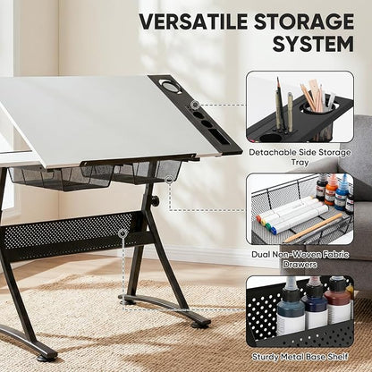 Magshion Professional Drafting Table for Adults w/Stool, Tilting Wooden Tabletop & Adjustable Height, Art Craft Desk Watercolor Paintings Sketching Work Station for Studio Home Office School (White)