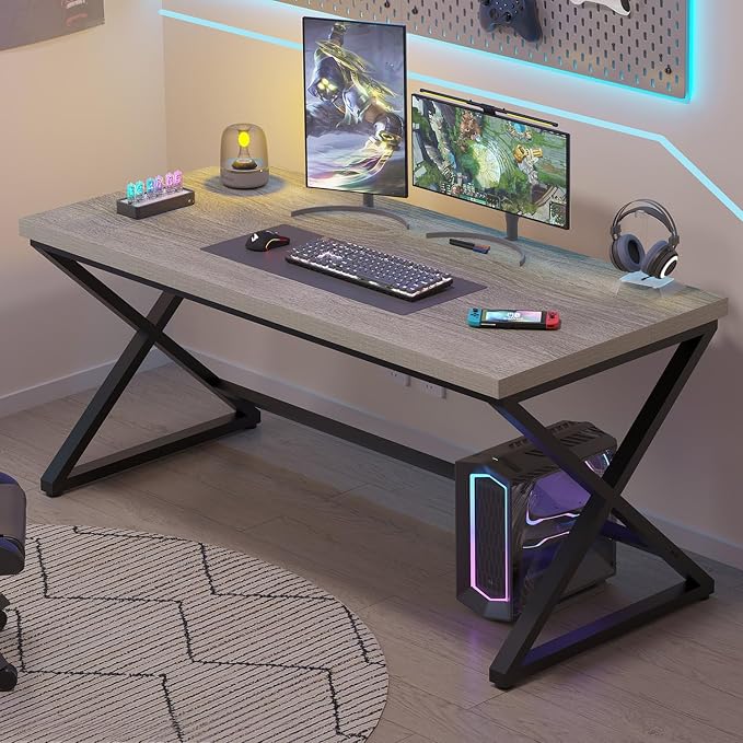 IBF Gray Computer Desk, Modern Writing Study Desk for Home Office, Industrial Wooden Metal Executive Work Desk, Simple Pc Gaming Laptop Workstation Computer Table in Bedroom, Light Grey Oak, 55 Inch