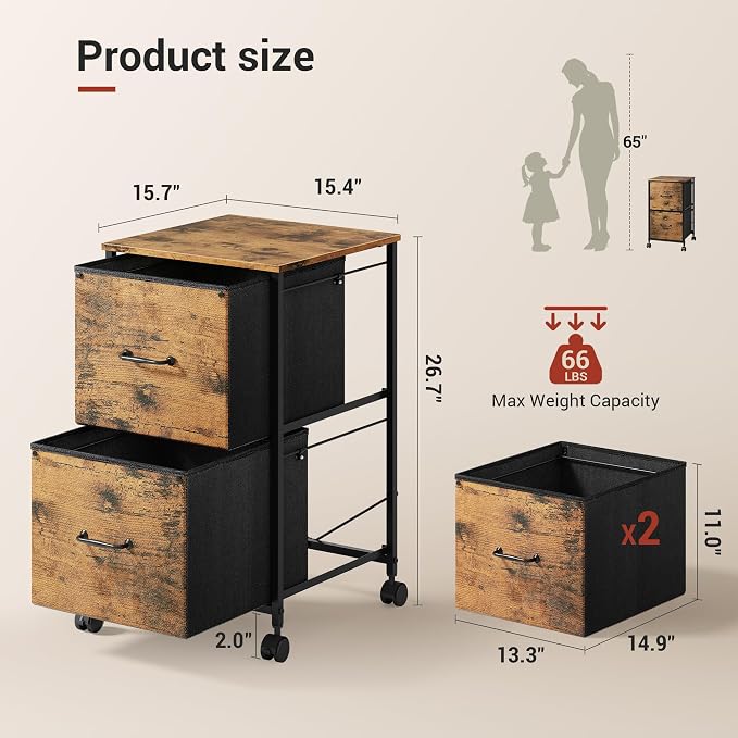 DEVAISE 2 Drawer Mobile File Cabinet, Rolling Printer Stand, Fabric Vertical Filing Cabinet fits A4 or Letter Size for Home Office, Rustic Brown Wood Grain Print