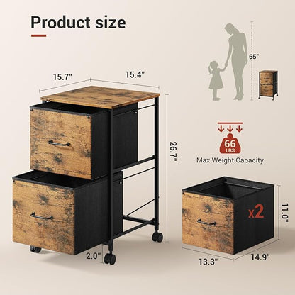 DEVAISE 2 Drawer Mobile File Cabinet, Rolling Printer Stand, Fabric Vertical Filing Cabinet fits A4 or Letter Size for Home Office, Rustic Brown Wood Grain Print