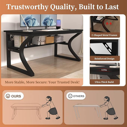 AZN Computer Desk, 55 X 20 inch Computer Desk, Office Desk w/Storage, Large Legroom, Sturdy Metal Frame, Home Office Desks for Gaming Study Writing Work, Waterproof, Scratch-Resistant, Black