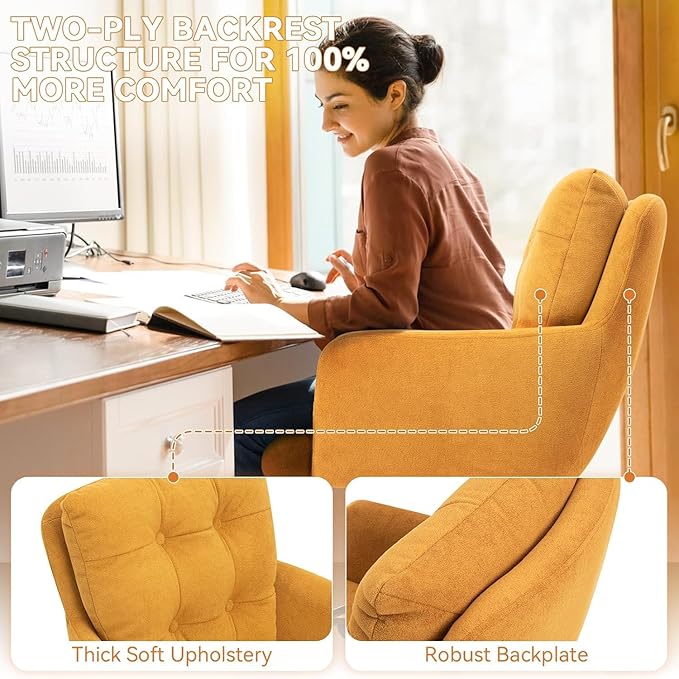 Flannel Office Chair, Comfy Home Office Desk Chairs with Lumbar Support, Modern Velvet Desk Chair Gold Legs Small Swivel Task Chair for Home Office, Bedroom, Study (Yellow, XL)