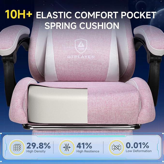 GTPLAYER Gaming Chair, Video Game Chairs with Footrest and Lumbar Support, Computer Chair for Adults with Extended Backrest, Ergonomic Reclining Silla Gamer, Linen Fabric, Pink