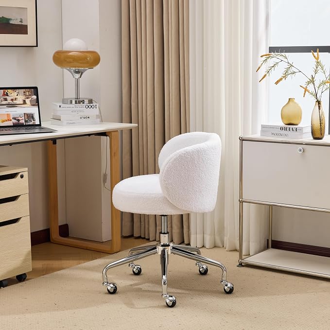 VINGLI Cute Small Swivel Desk Chair Comfy with Wheels,Ergonomic Low-Back Lumbar Support Vanity Nail Tech Rolling Task Stool Girls Women Kids Chair for Home Office,Height Adjustable,Teddy Fleece,White