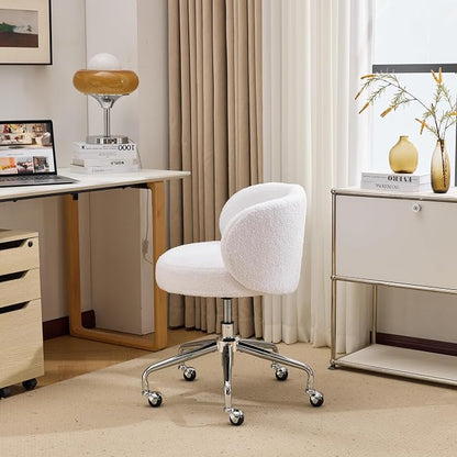 VINGLI Cute Small Swivel Desk Chair Comfy with Wheels,Ergonomic Low-Back Lumbar Support Vanity Nail Tech Rolling Task Stool Girls Women Kids Chair for Home Office,Height Adjustable,Teddy Fleece,White