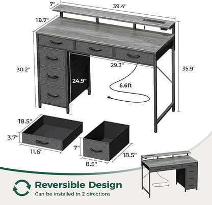 Huuger Gaming Desk with 6 Drawers, Computer Desk with LED Lights Power Outlets and Type-C, 39 Inch Office Desk with Storage, Monitor Stand, Writing & Work Desk for Home Office, Bedroom, Grey, 1CD100H