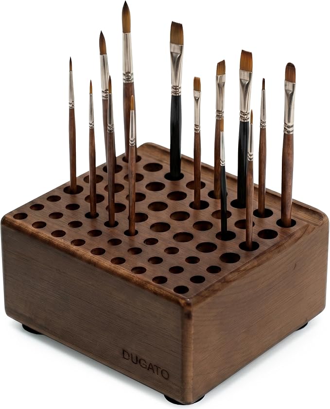 DUGATO Wooden Paint Brush Holder, 59 Hole Desk Organizer for Pencils, Pens & Art Supplies, Tabletop Brush Organizer Stand Holder with Built-In Rest Groove