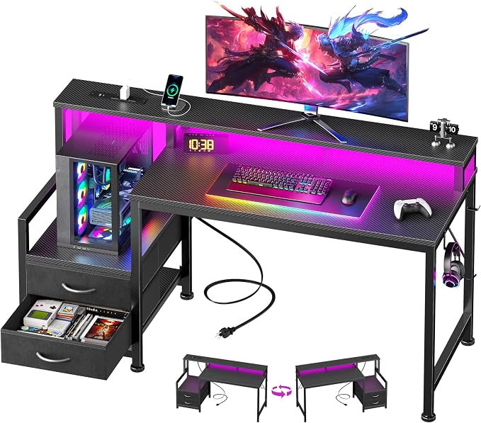 Furologee 47" Gaming Desk with LED Lights & USB-C Port, Reversible Computer Desk with Monitor Stand, Storage Shelves & 2 Fabric Drawers, Gaming Table with Power Outlets & Hooks, Carbon Fiber Black