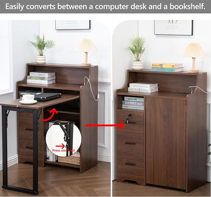 Fold Out Desk with Storage, Hidden Desk with Lockable Drawers & Shelves, Built-in Power Outlet,Folding Desk for Study and Home Office (Walnut)