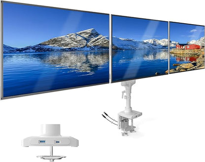 Mount-It! Triple Monitor Mount, 3 Monitor Desk Mount, Gas Spring Arms, Fits 13–27" Screens, VESA 75 & 100, Clamp or Grommet, USB-A & USB-C, White