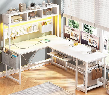 SEDETA White L Shaped Office Desk, 57.5” Corner Computer Desk with Power Outlet Pegboard and Keyboard Tray, Gaming Table with LED Lights, Hutch and Storage Shelves for Home Office