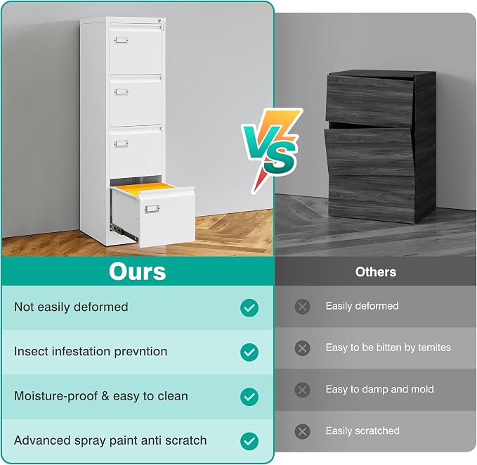 SISESOL 4 Drawer File Cabinet with Lock and Tag,White Vertical File Cabinet,Narrow Locking Filing Cabinets with Drawers,Metal Filing Storage for Home Office Fit A4 Legal/Letter Size