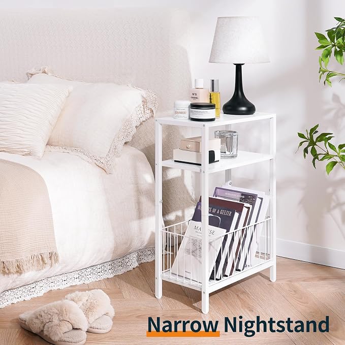 Yoobure Narrow Side Table with Storage Basket, Small End Table for Small Spaces, Skinny Side Tables Living Room Bedroom Office, Slim Nightstand 3 Tier Bedside Table Space-Saving for Magazine, White