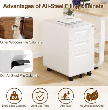 3 Drawers File Cabinet, Mobile Filing Cabinet with Lock, with 25 File Folders, Steel, Fully Assembled Except Casters, for Home Office, White