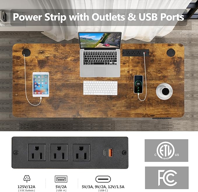 Electric Adjustable Height Standing Desk, 48×24 Inches Sit Stand Desk with Power Socket, 2 USB Ports, 3 Power Outlets, 4 Wheels,4 Memory Buttons Home Office Computer Workstations (Brown)