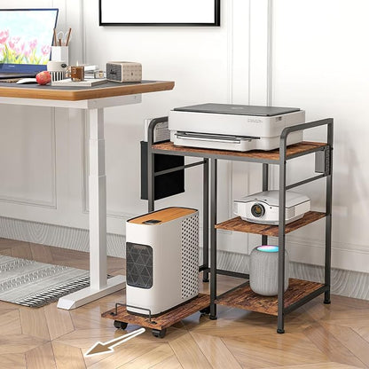 Sedegn Large Printer Stand with 3 AC Outlets for Home Office Devices | Heavy-Duty Printer Table for Laser Printer, Side Paper Storage Bag, 3-Tier Organizer for Shredder, PC Tower & Supplies, Brown