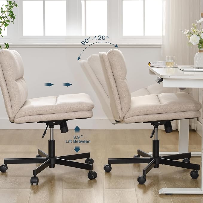 Okeysen Criss Cross Chair with Wheels, Armless Wide Seat Cross Legged Comfy Office Desk Chair, Height Adjustable Swivel Computer Task Chairs for Home, Office, Vanity, Beige