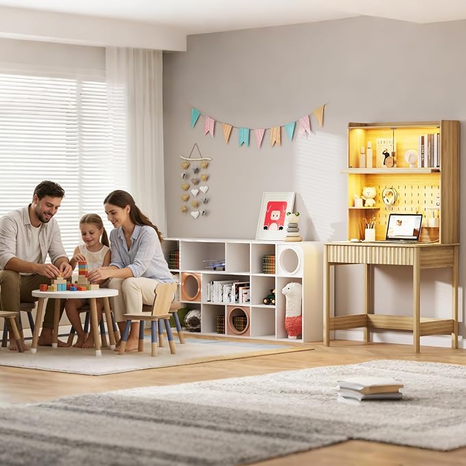 Lvifur 31.5" Small Study Desk with - Drawer & Hutch,Computer Desk with Charging Station,Compact Writing Desks with LED Reading Lights,Home Office Desks for Small Spaces,Bedroom Study Room,Natural