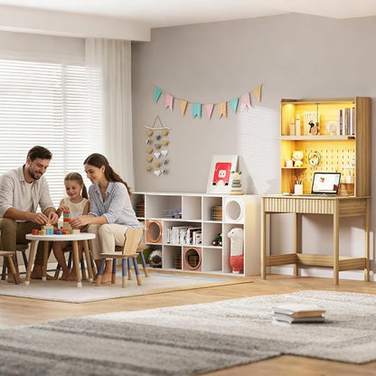 Lvifur 31.5" Small Study Desk with - Drawer & Hutch,Computer Desk with Charging Station,Compact Writing Desks with LED Reading Lights,Home Office Desks for Small Spaces,Bedroom Study Room,Natural