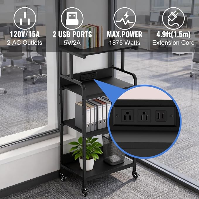 Black 4 Tier Adjustable Shelf Mobile Printer Stand Rolling Storage Cart | Space saving design fits small home office spaces supports scanner cricut heat press fax machine and other office equipment