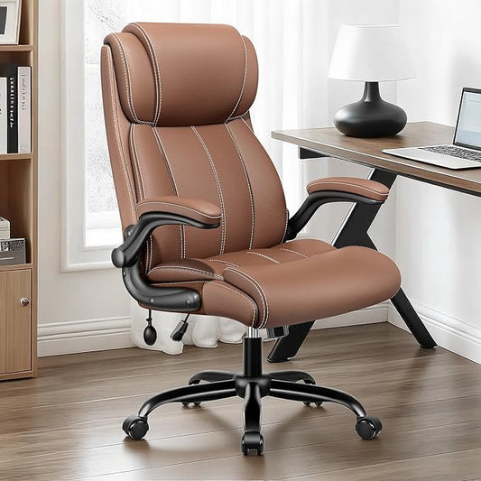 BESTFAIR Ergonomic Office Chair - Desk Computer Chair, Leather High Back Executive Chairs with Adjustable Lumbar Support & Flip Up Arms, Brown 6 Pack