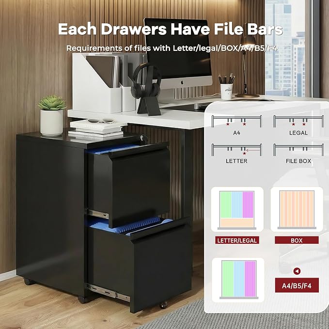 Bonusall 2 Drawer File Cabinet, Metal Rolling File Cabinets with Lock, Filing Cabinets for Home Office Fit A4/Letter/Legal, Easy Assembled, Black