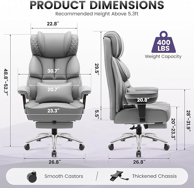 BestGlory Office Desk Chair, Big and Tall Leather Gaming Chair with Footrest, Wide Ergonomic Comfy Executive High-Back Reclining Computer Chairs, Swivel Rolling Wheels and Padded Lumbar Support, Gray